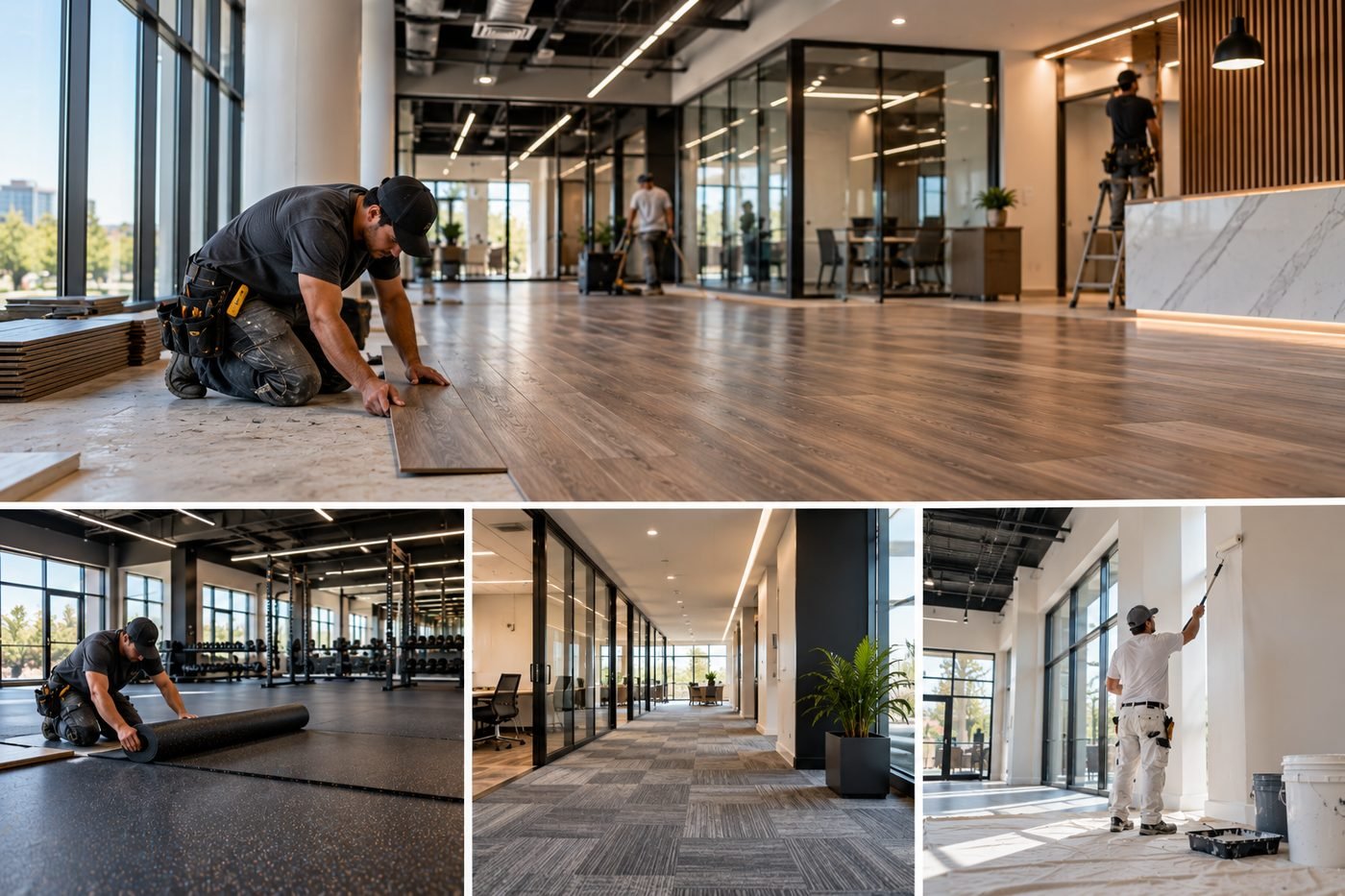 Commercial services collage — office and gym flooring and painting