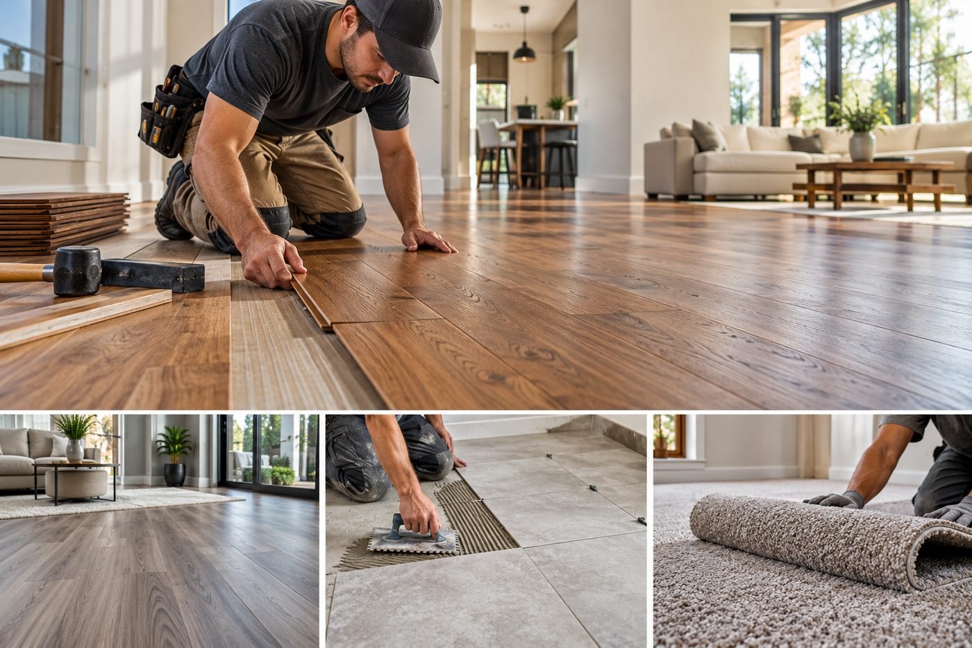 Flooring services collage — installation, LVP, tile and carpet