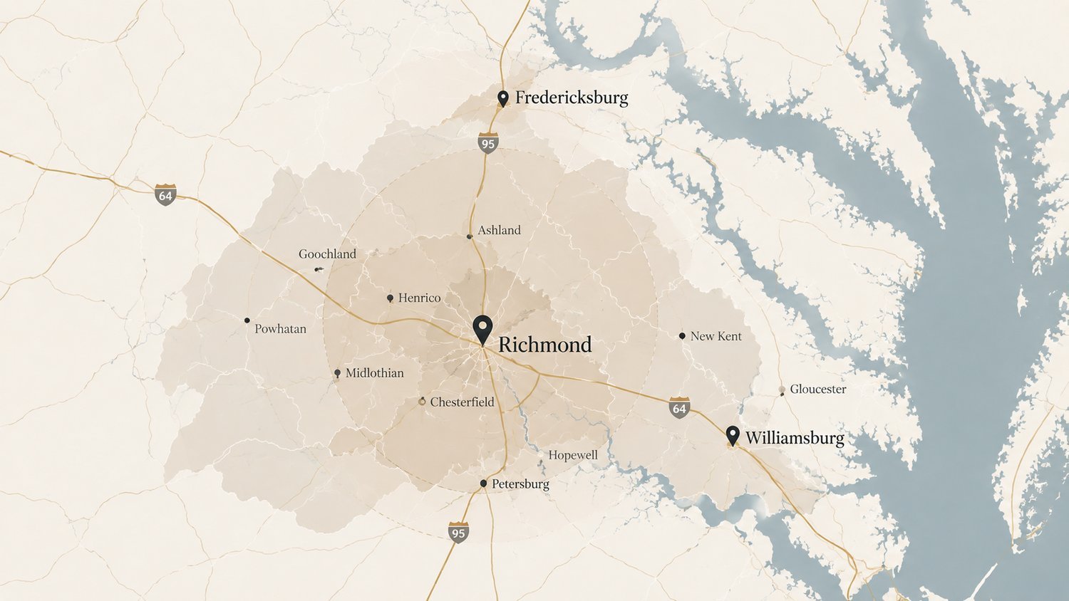 Map of the LIN Flooring service area around Richmond, Virginia