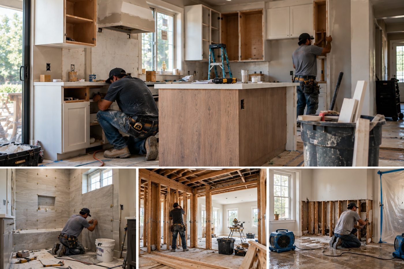 Remodeling and restoration collage — kitchen, bath, framing and repairs