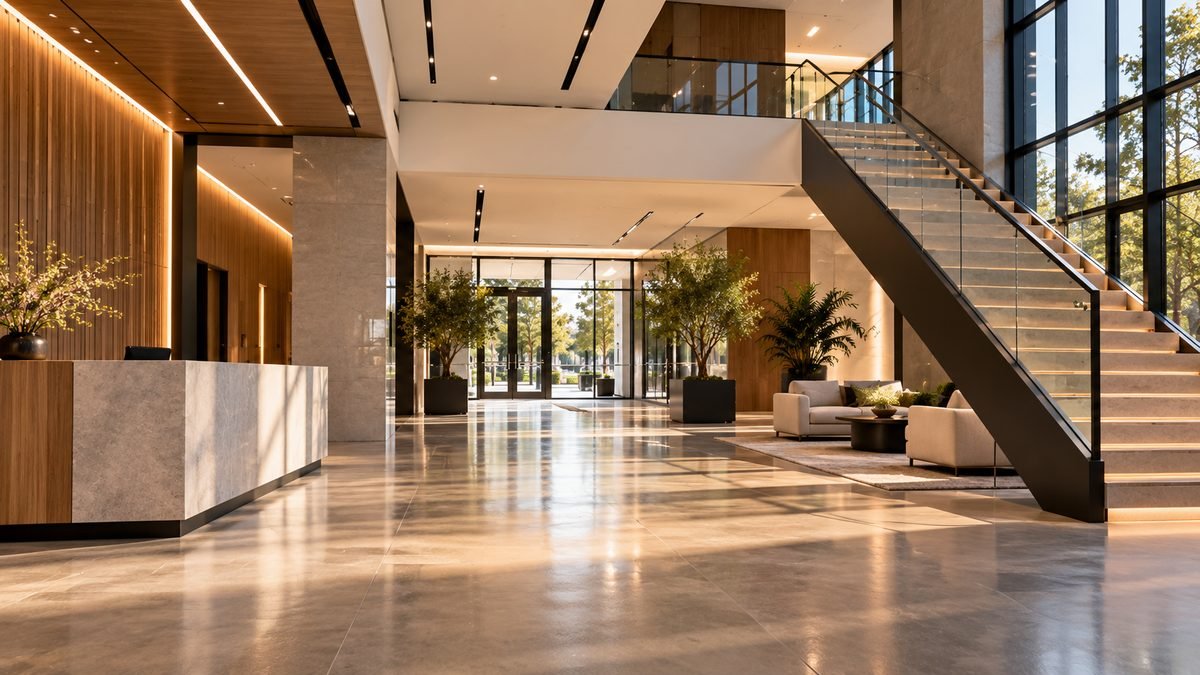 Commercial building lobby with polished floors